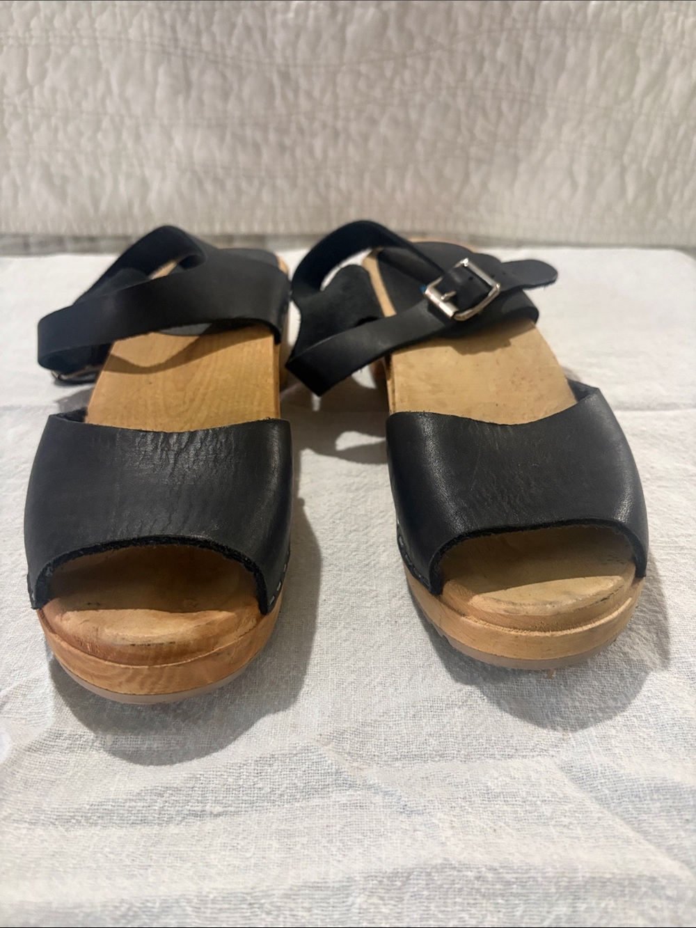 MIA Black Leather Open-Toe Wooden Clog